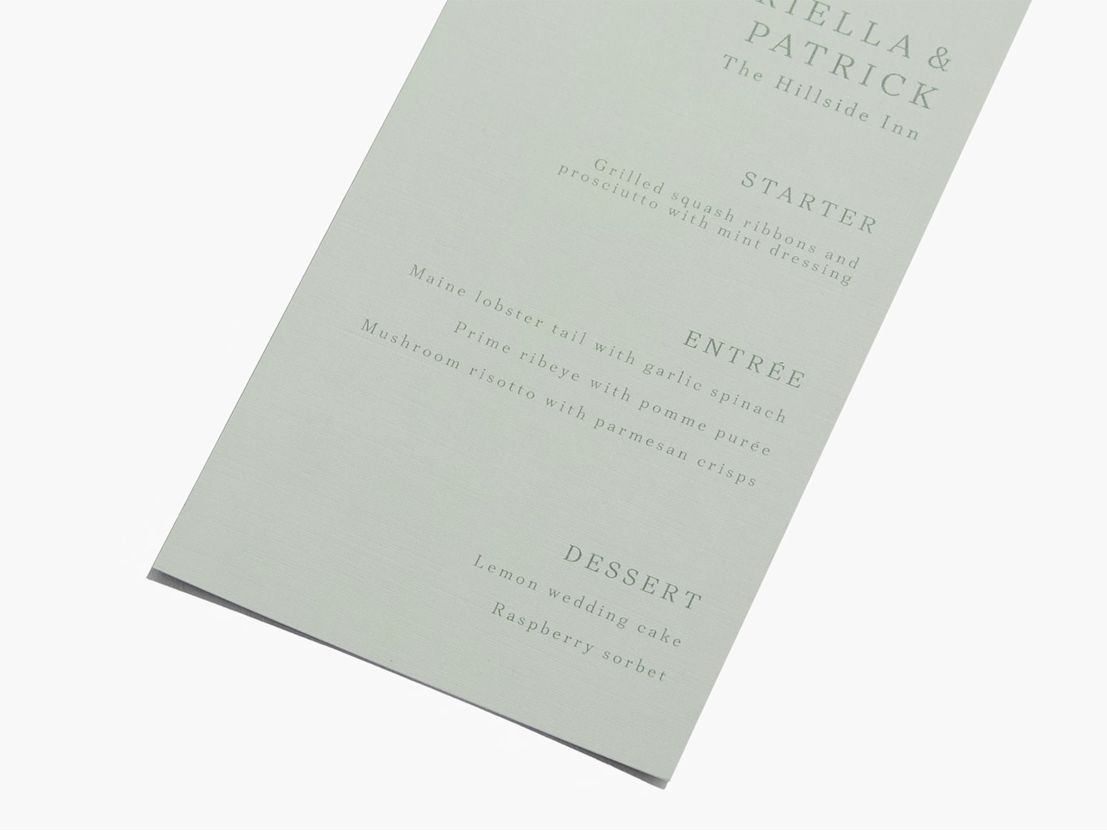 Un menu de mariage de couleur sauge personnalisé avec les diverses offres de nourriture pour une réception. 