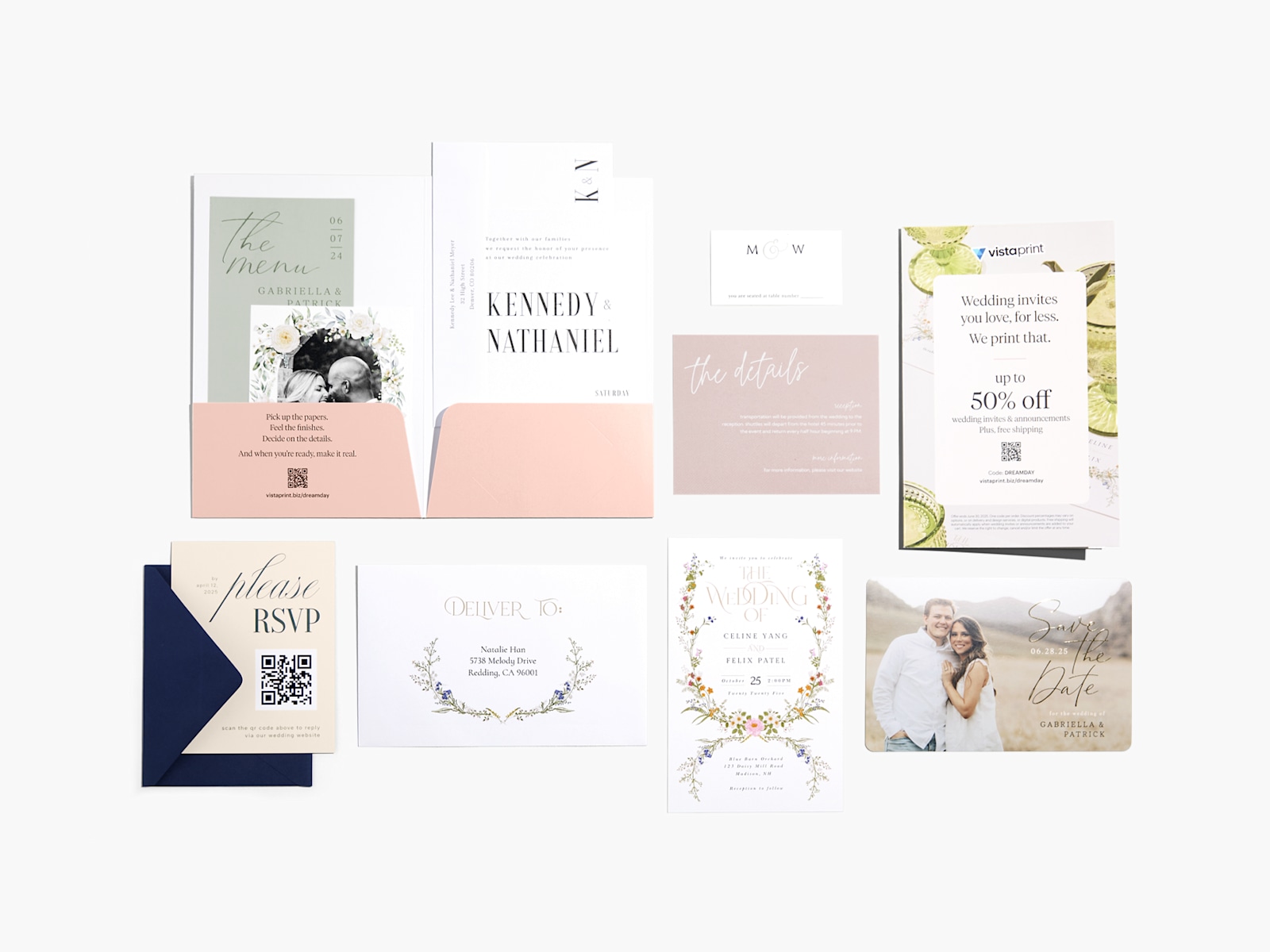 Une panoplie de cartes de mariage de différents styles, y compris un faire-part, une carte « Réservez la date », une carte de réponse et une carte de détails. 