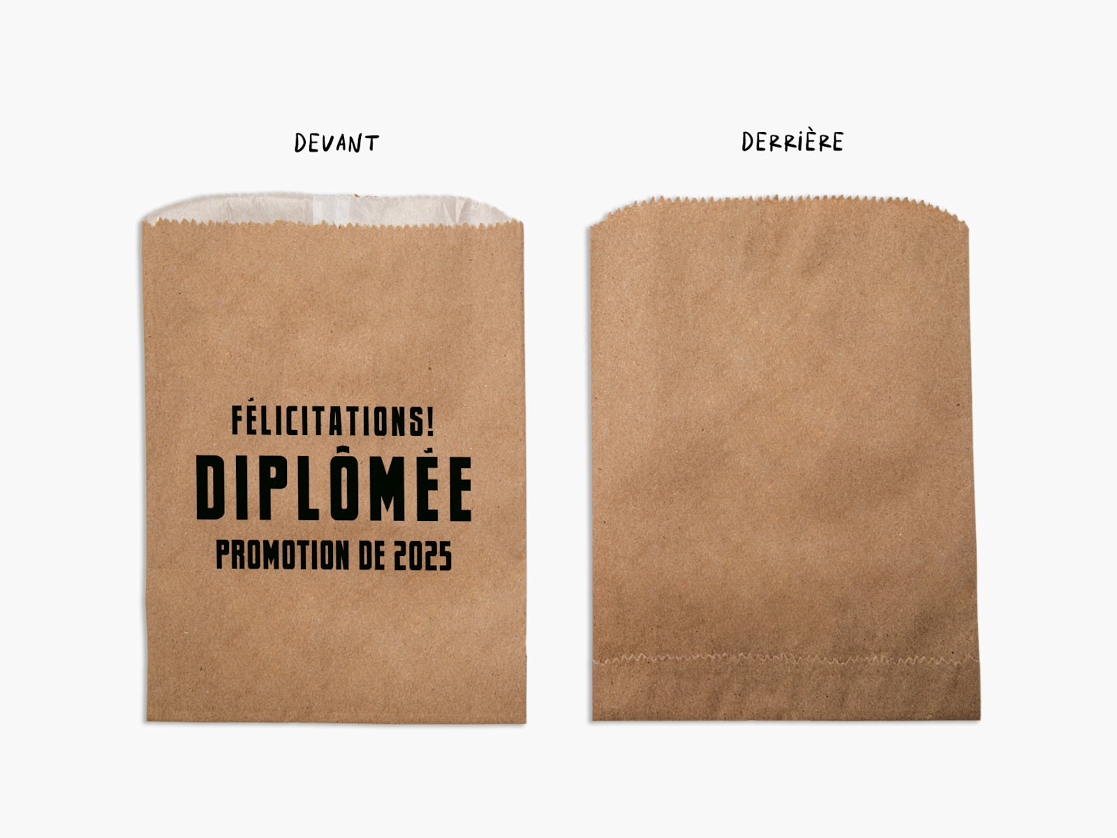 Vue avant et arrière d’un mini sac cadeau en papier kraft, avec des notes indiquant le devant et l’arrière.  