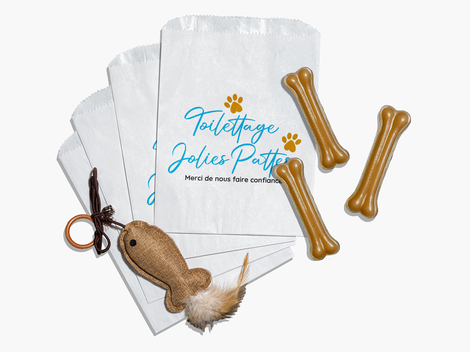 Un mini sac cadeau personnalisé pour une entreprise de toilettage pour chiens. 