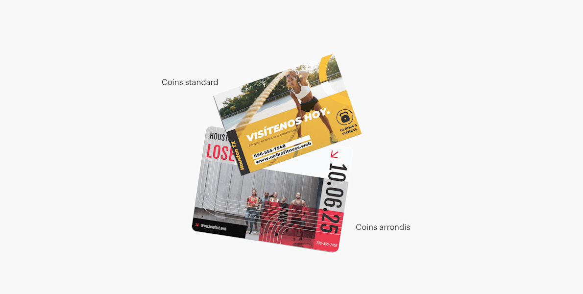 2 cartes postales pour une salle de sport, l’une avec des coins arrondis et l’autre avec des coins standard.