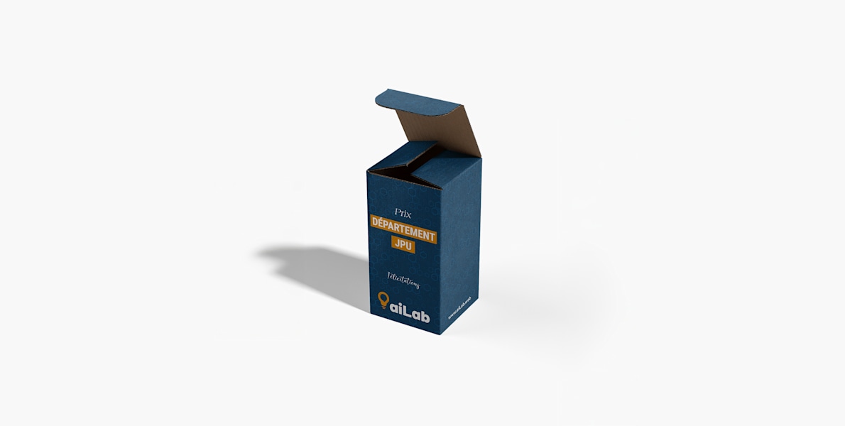 Une boîte à pattes rentrantes bleue, créée pour un prix attribué à un employé exemplaire dans un service.