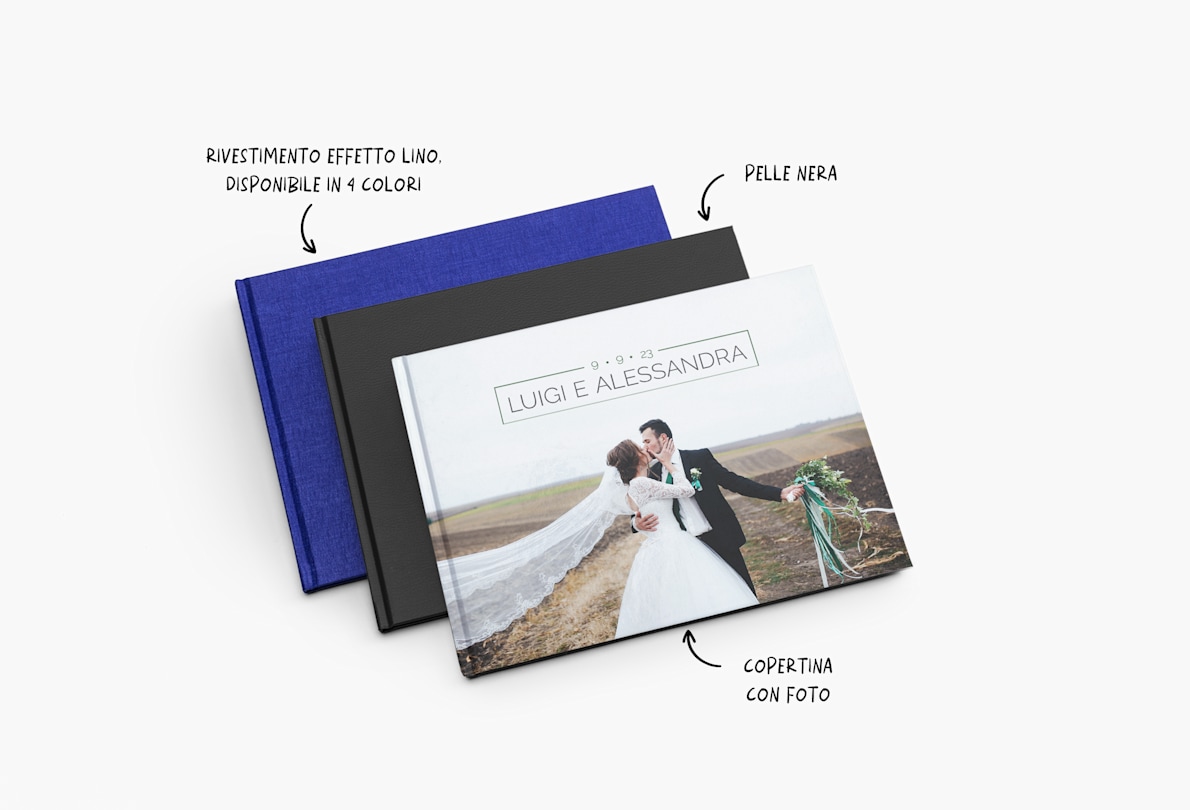 Tre album fotografici uno sopra l’altro. Il primo con copertina fotografica, il secondo con copertina in pelle, il terzo con copertina in lino. 