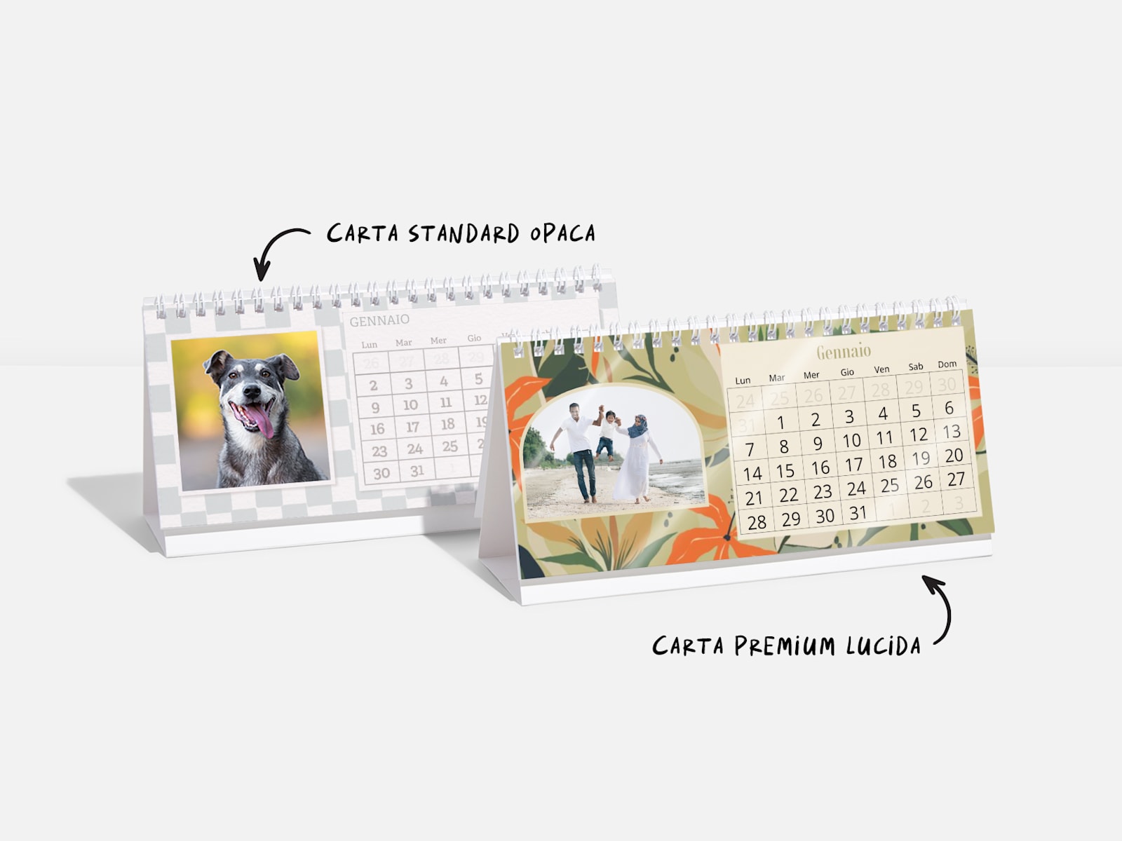 Due calendari da tavolo rettangolari con foto. Su una nota c’è scritto che le opzioni di carta disponibili sono standard opaca e premium lucida. 
