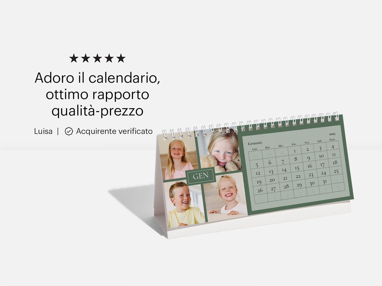 Un calendario da tavolo personalizzato con foto di bambini e la recensione di un cliente: “Adoro il calendario, ottimo rapporto qualità-prezzo.”