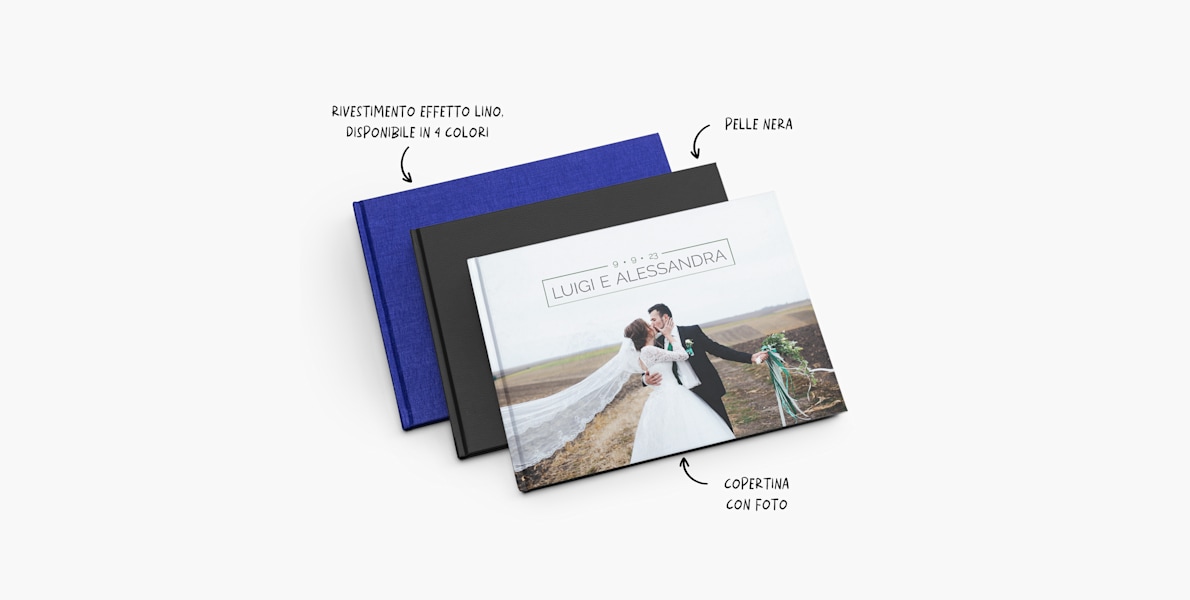 Tre album fotografici uno sopra l’altro. Il primo con copertina fotografica, il secondo con copertina in pelle nera, il terzo con copertina in lino. 