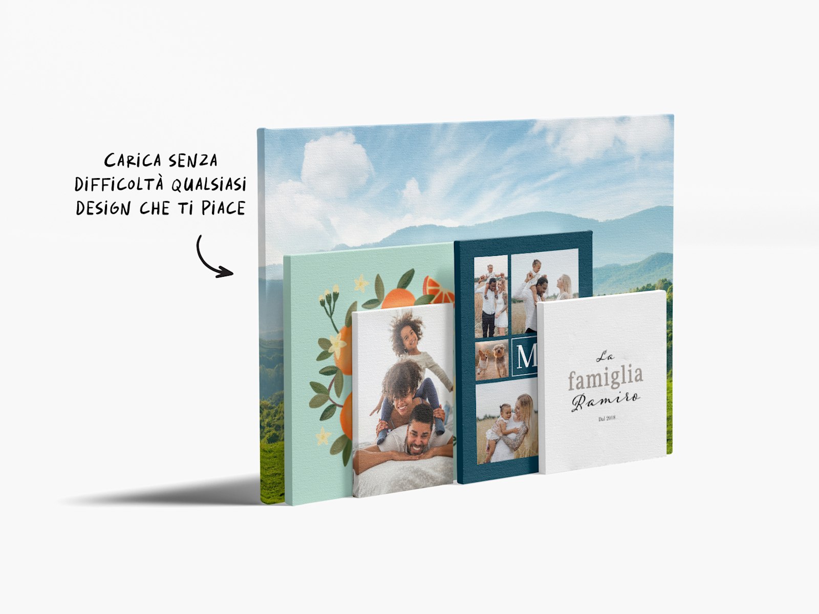 Delle tele di varie dimensioni con diverse foto e immagini. Su una nota c’è scritto che è possibile caricare qualsiasi design si desideri. 