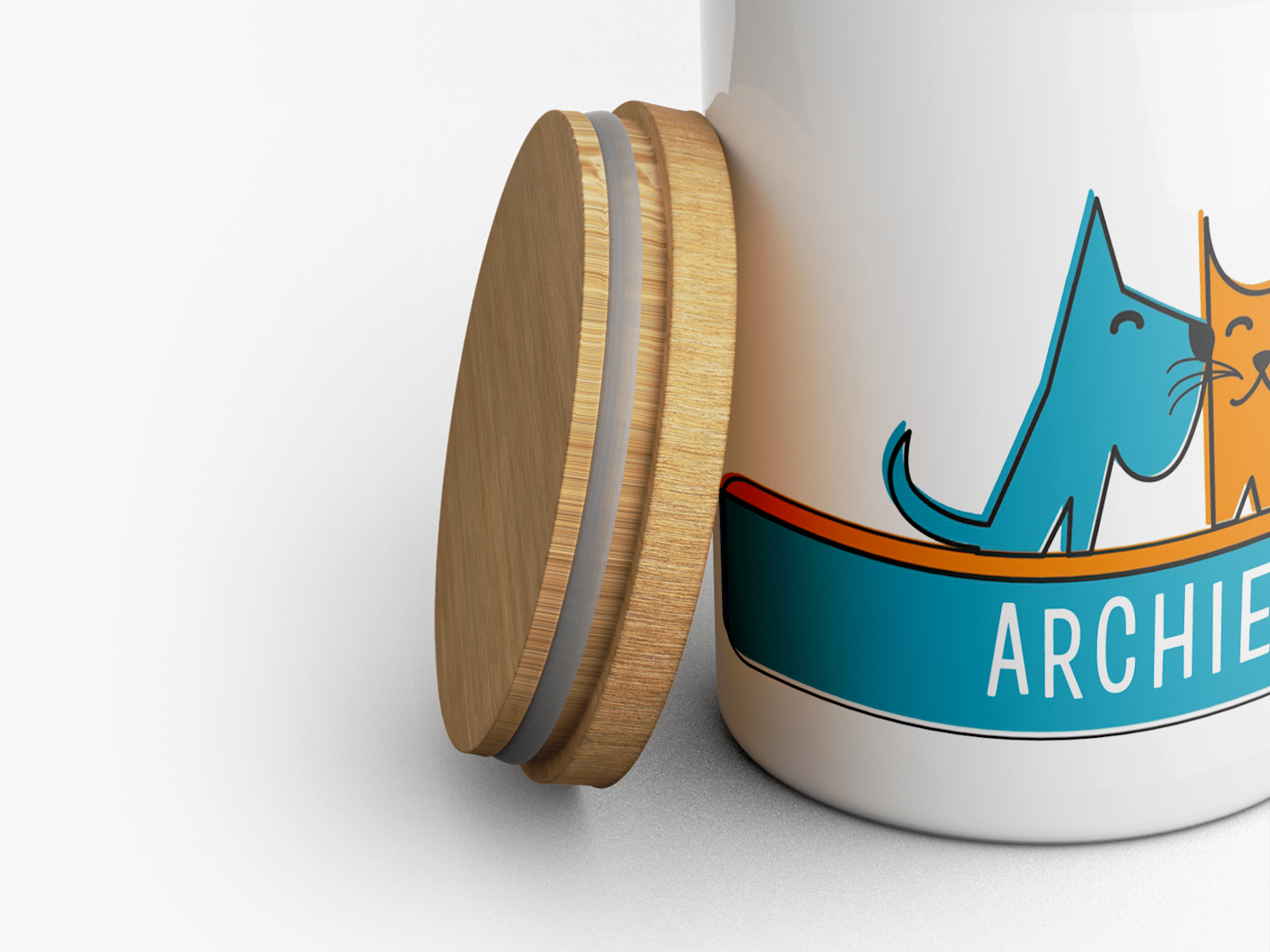Een gepersonaliseerde snoeppot voor een hond die Archie heet, met een focus op het bamboe deksel.