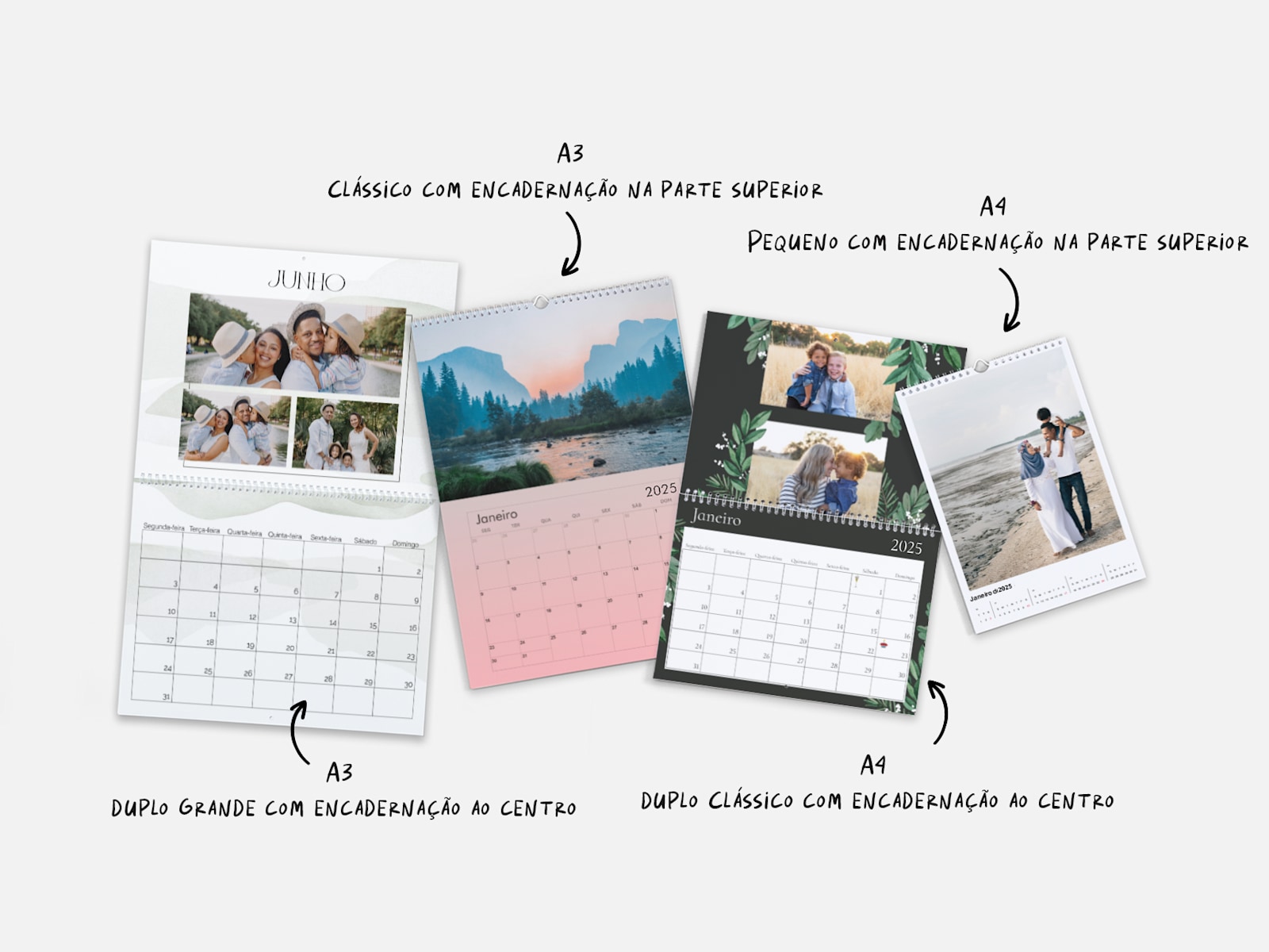 Vários calendários de parede com fotografias personalizadas em diversos tamanhos e designs. As notas destacam as diferentes opções de tamanho. 