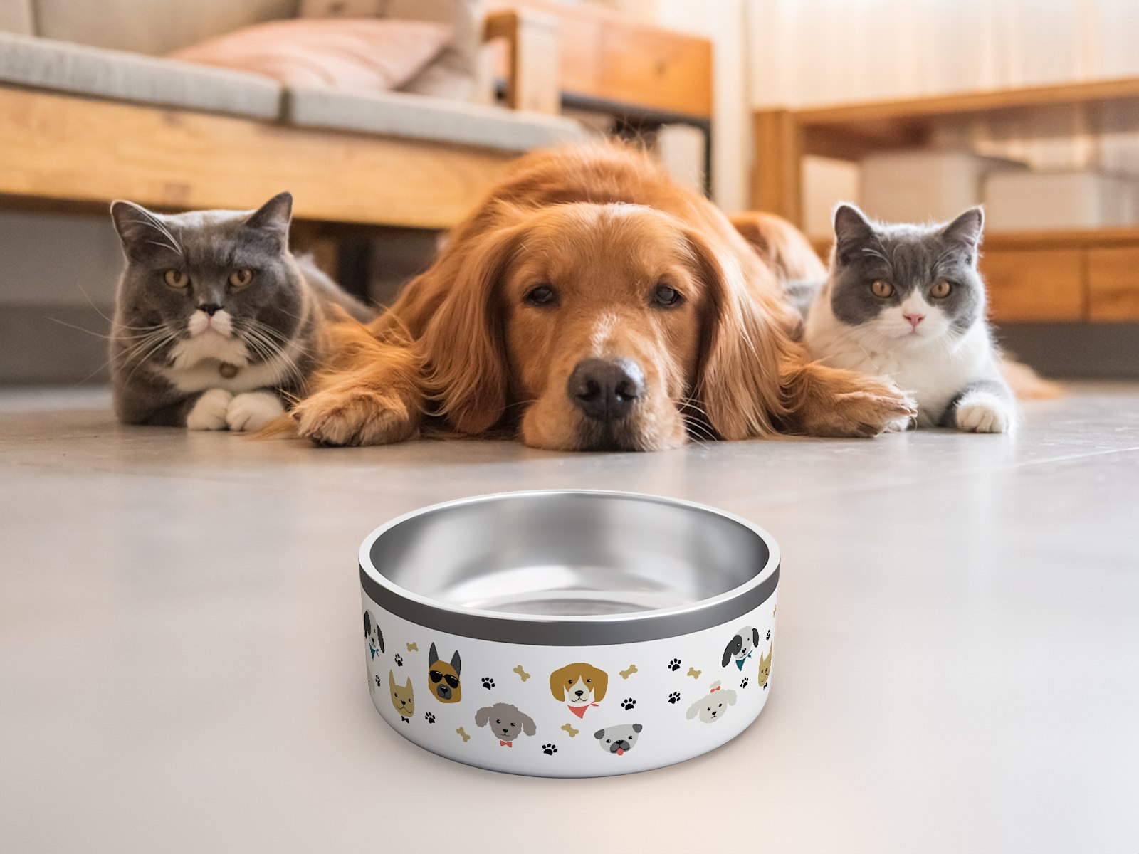 Uma tigela branca para cão personalizada com vários desenhos de cães, ossos e patas. Dois gatos e um cão a olharem para a tigela a partir de trás. 