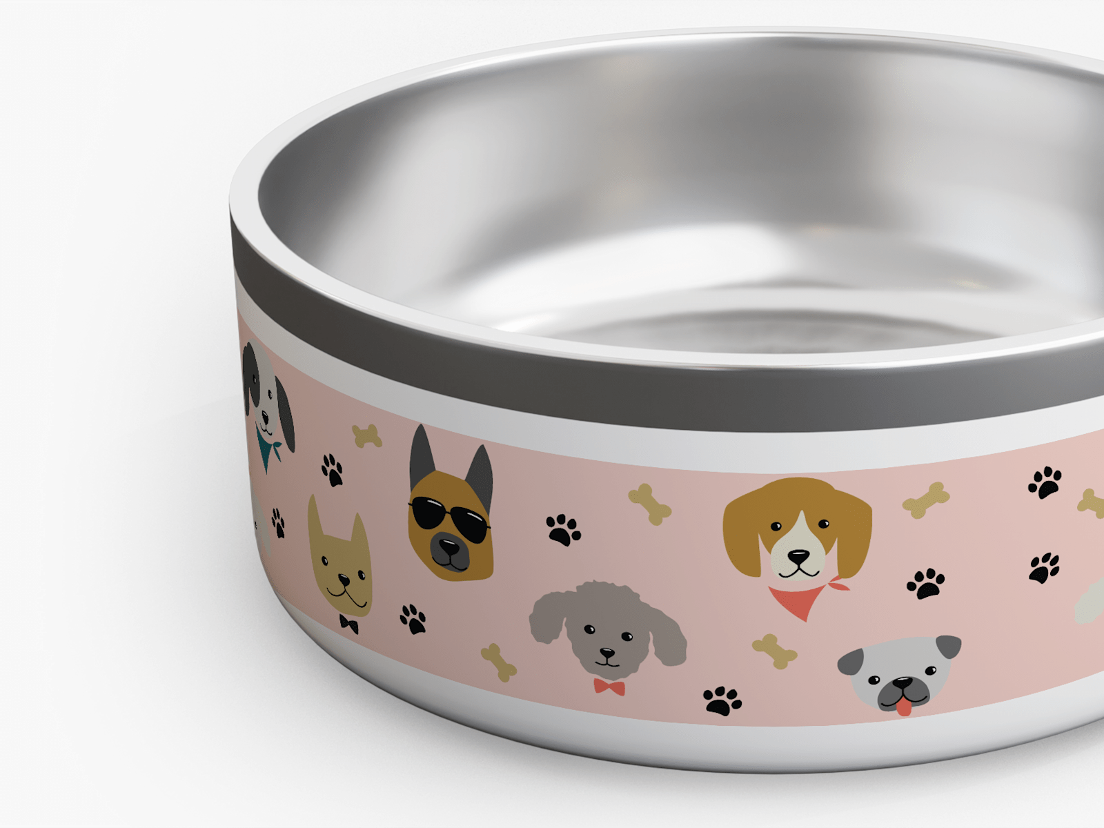 Uma tigela cor-de-rosa para cão personalizada com vários desenhos de cães, ossos e patas. 