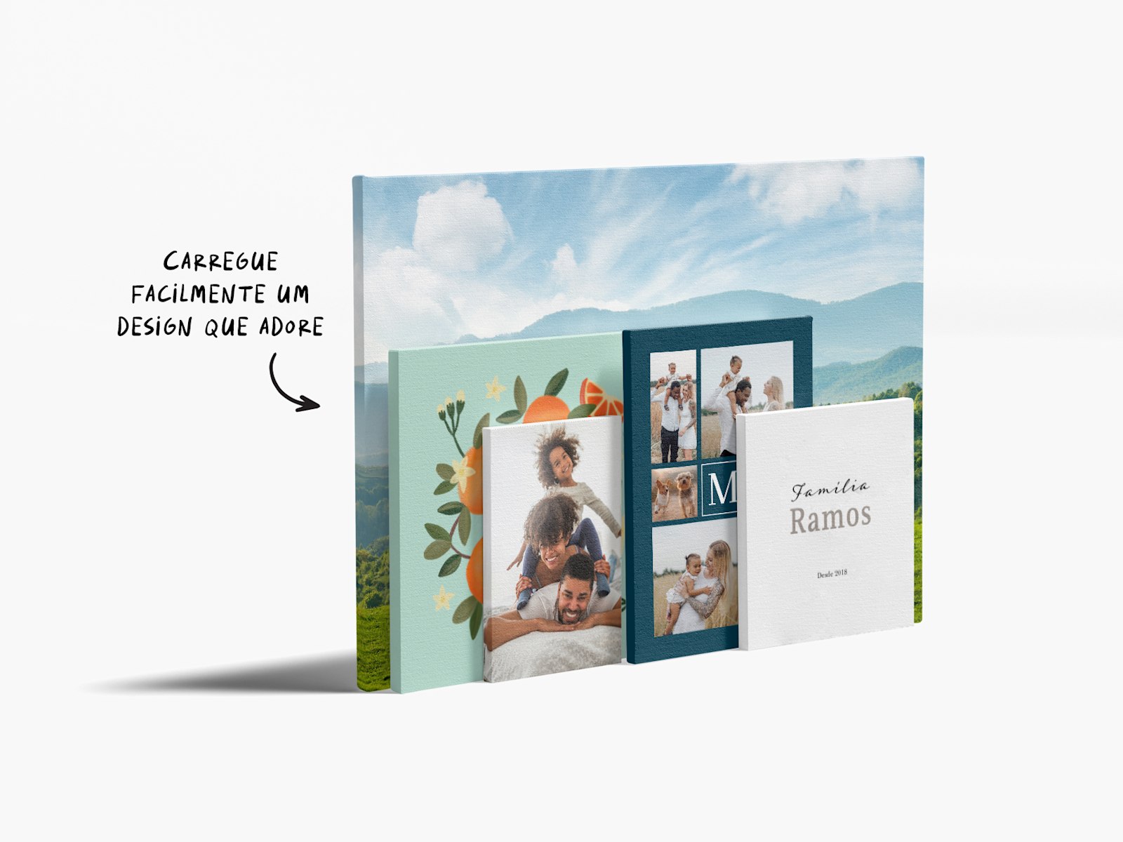 Telas com fotografias de vários tamanhos com diversas imagens e fotografias e uma nota a indicar que é possível carregar qualquer design que se adore. 