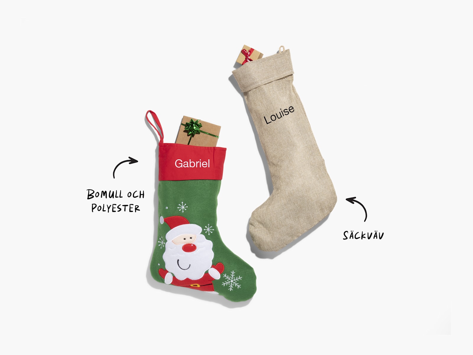 Två julstrumpor med eget tryck med en kommentar som lyfter fram materialalternativen: bomull och polyester eller jute.