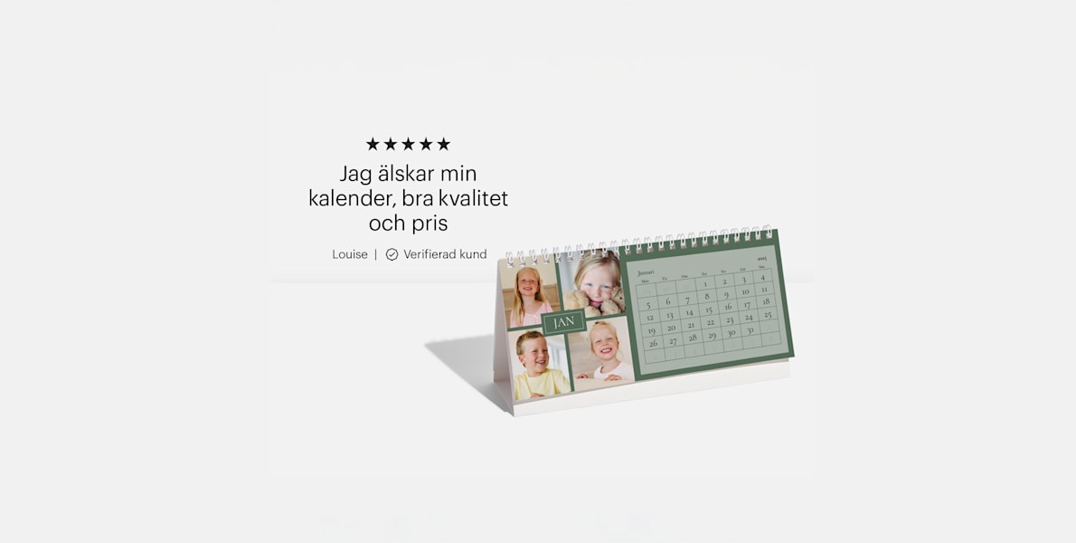 En specialdesignad skrivbordskalender med foton på barn på samt en kundrecension: ”Jag älskar min kalender, bra kvalitet och pris.”