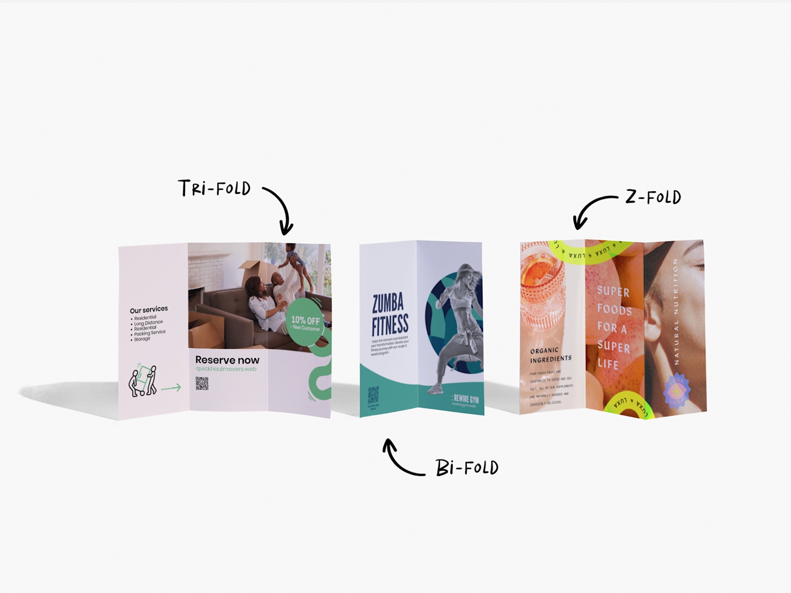 Three different flyer fold styles, side by side: tri-fold, bi-fold and Z-fold.