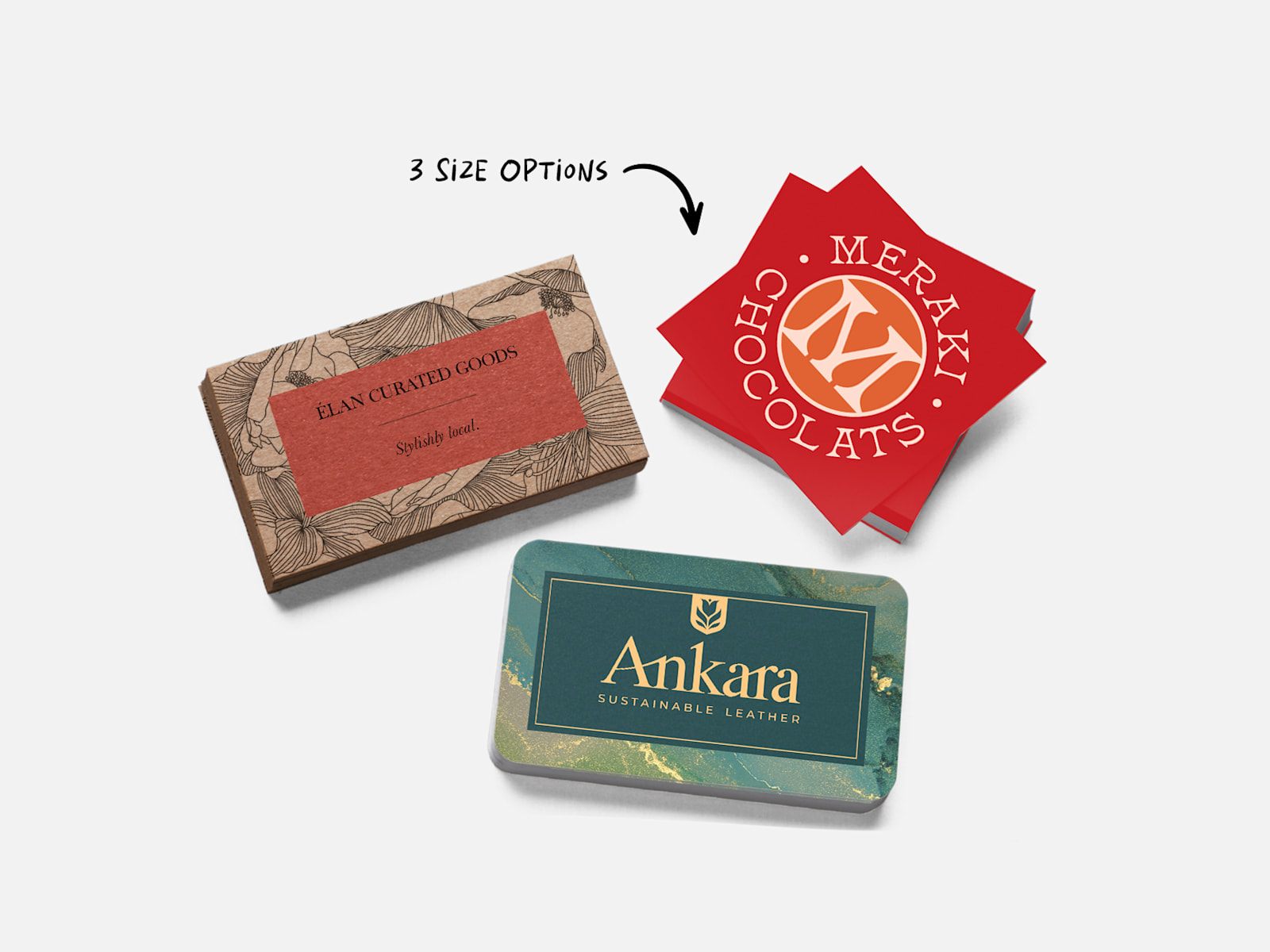 Three business cards of different sizes: standard corners, rounded corners and square.