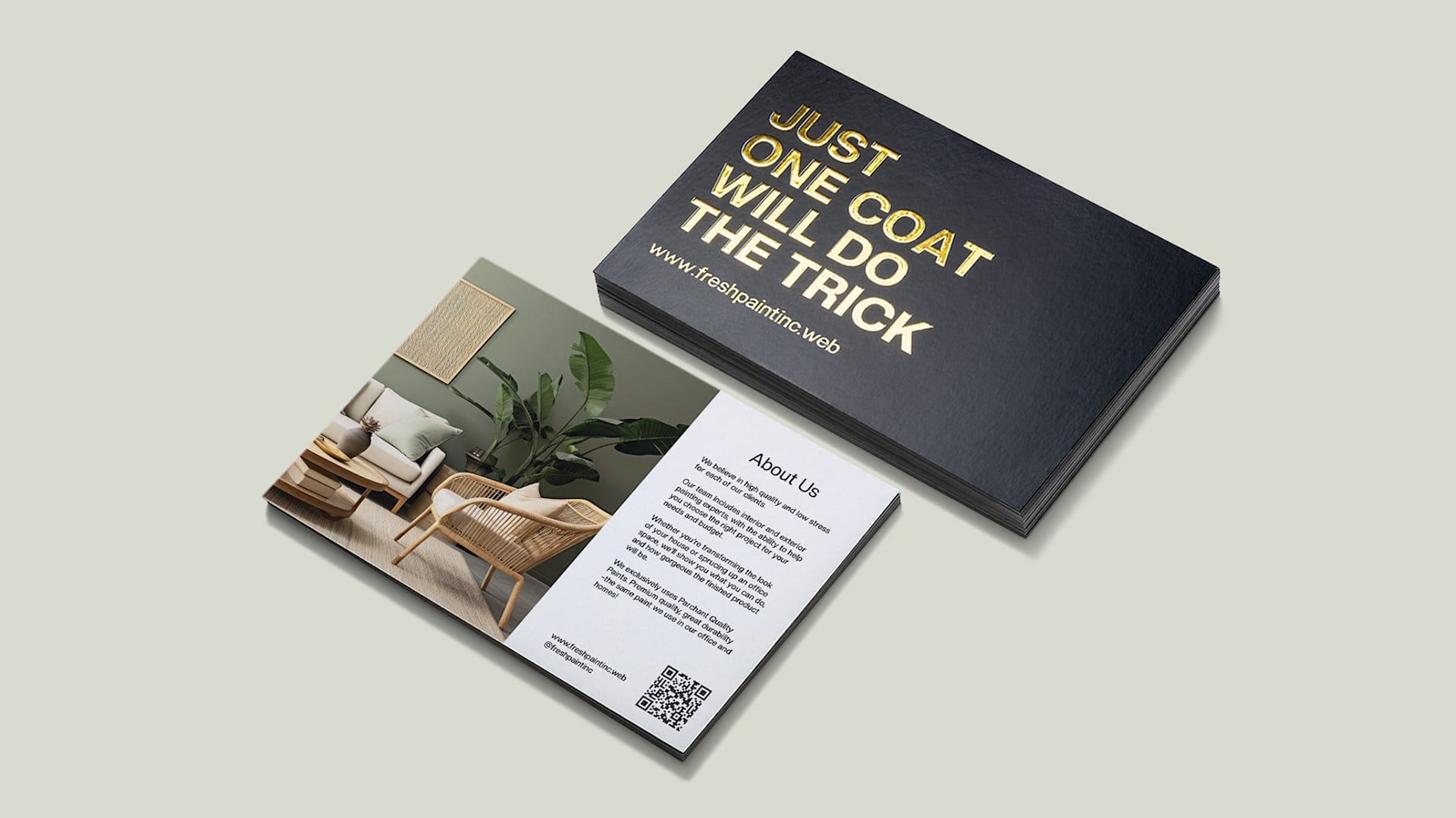 One postcard featuring Embossed Gold Foil design detail next to a postcard featuring a photo and QR code