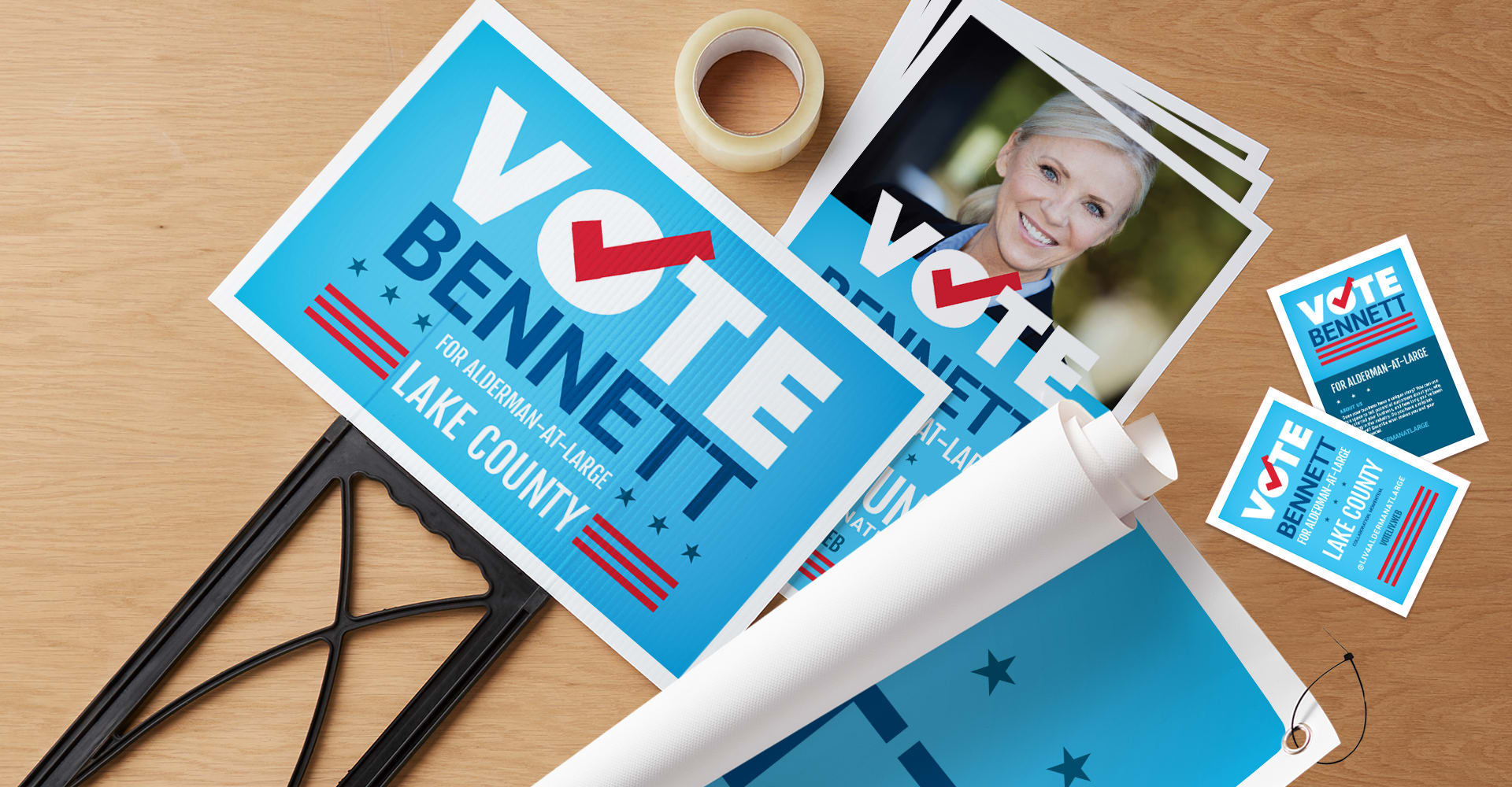 A variety of products like lawn signs, posters, banners and postcards used to promote an upcoming political election or campaign.