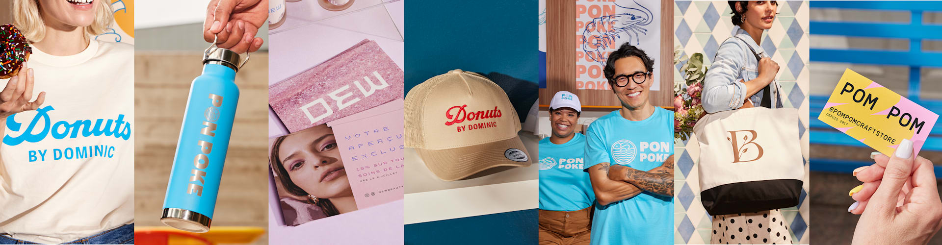 Un collage de produits personnalisés, avec des t-shirts, des fourre-tout et des cartes d’affaires.