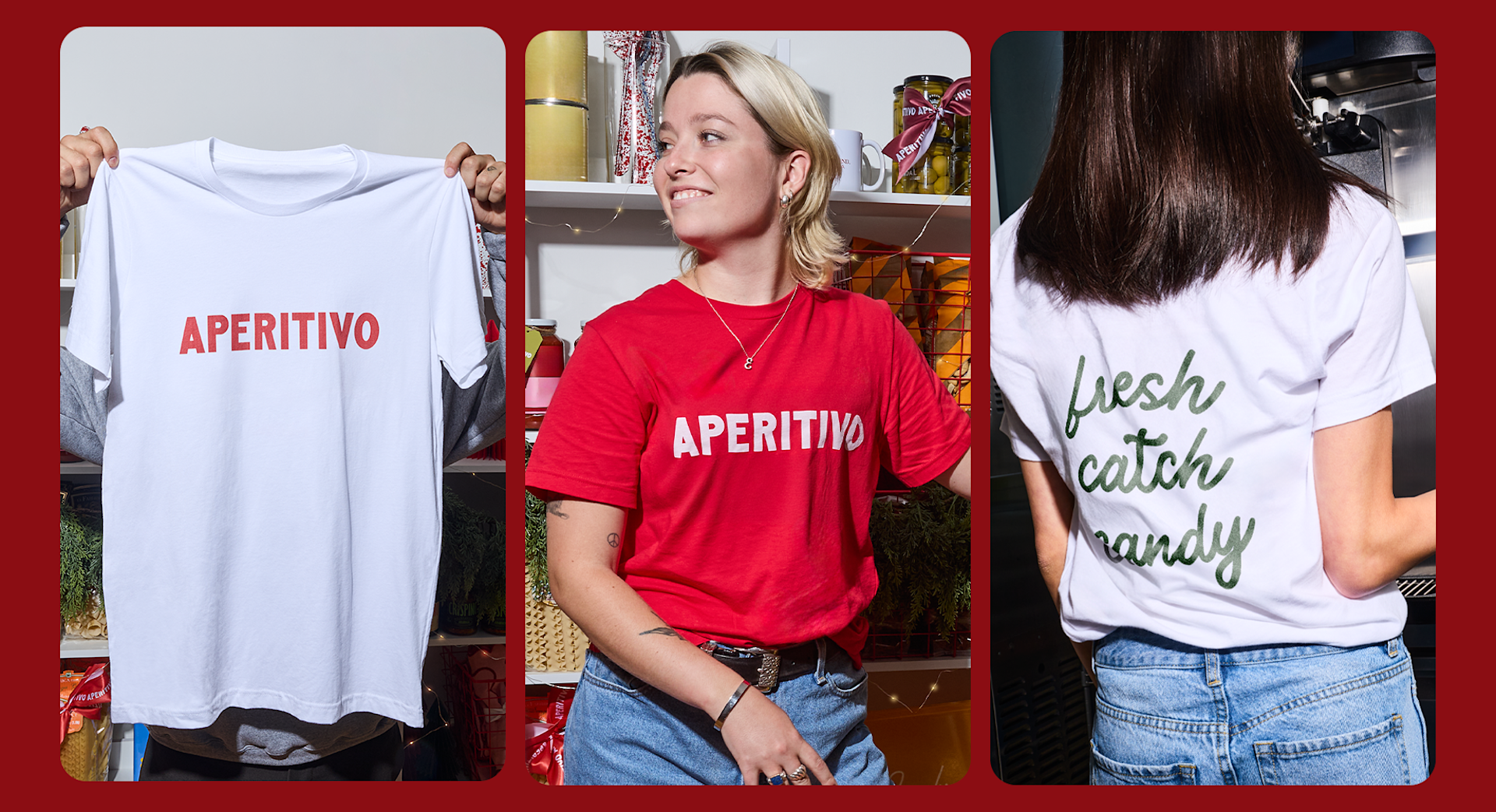 People wearing and holding custom T-shirts in different colors.