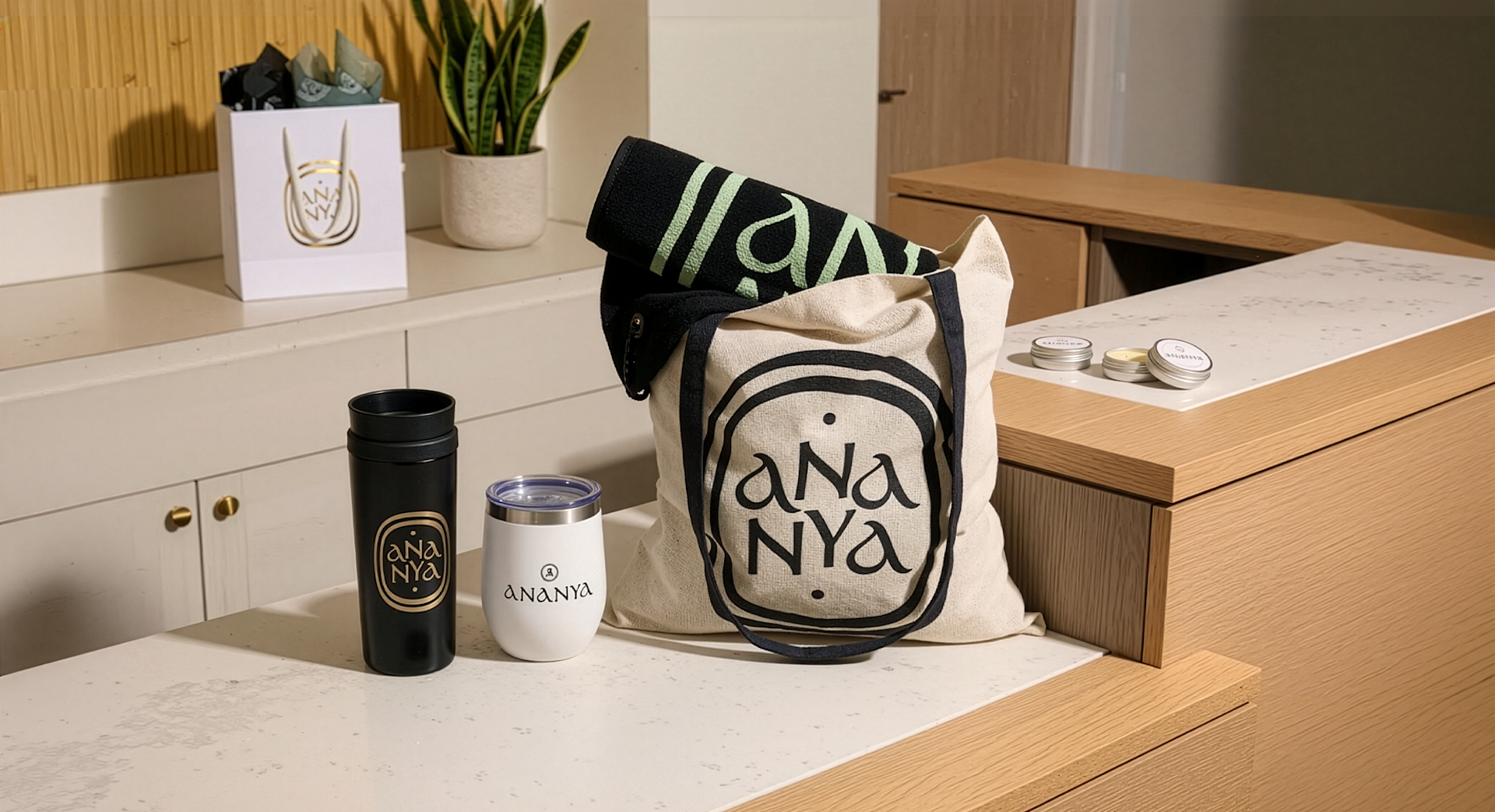 An assortment of custom promotional products for a spa business.