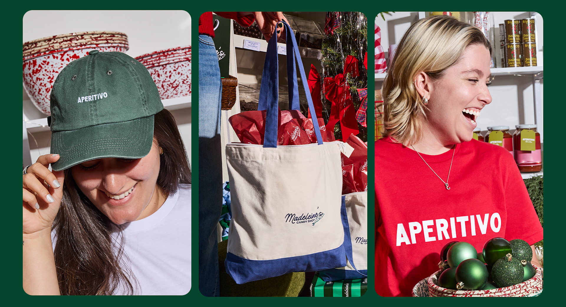 A selection of clothing and bags displayed together in a festive setting.