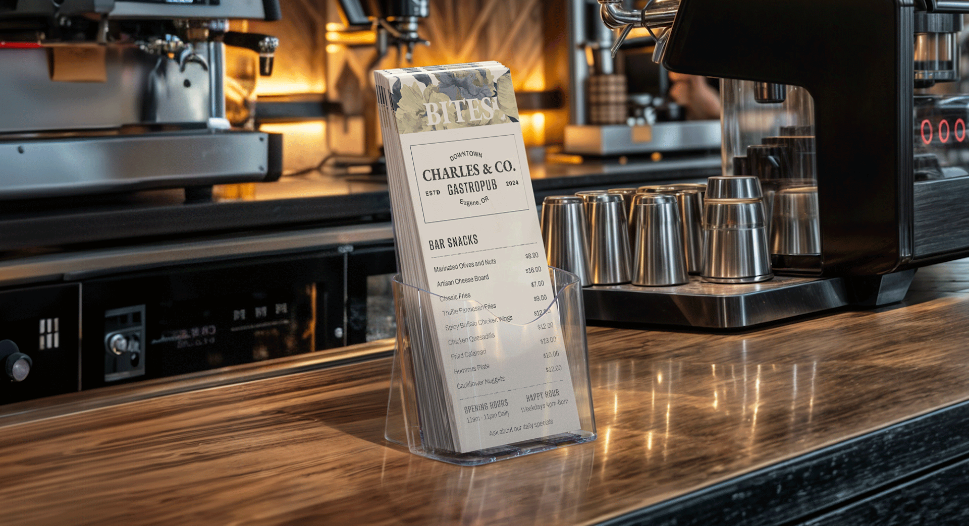 Flat menus for a gastropub, sitting on the bartop in a clear plastic display.