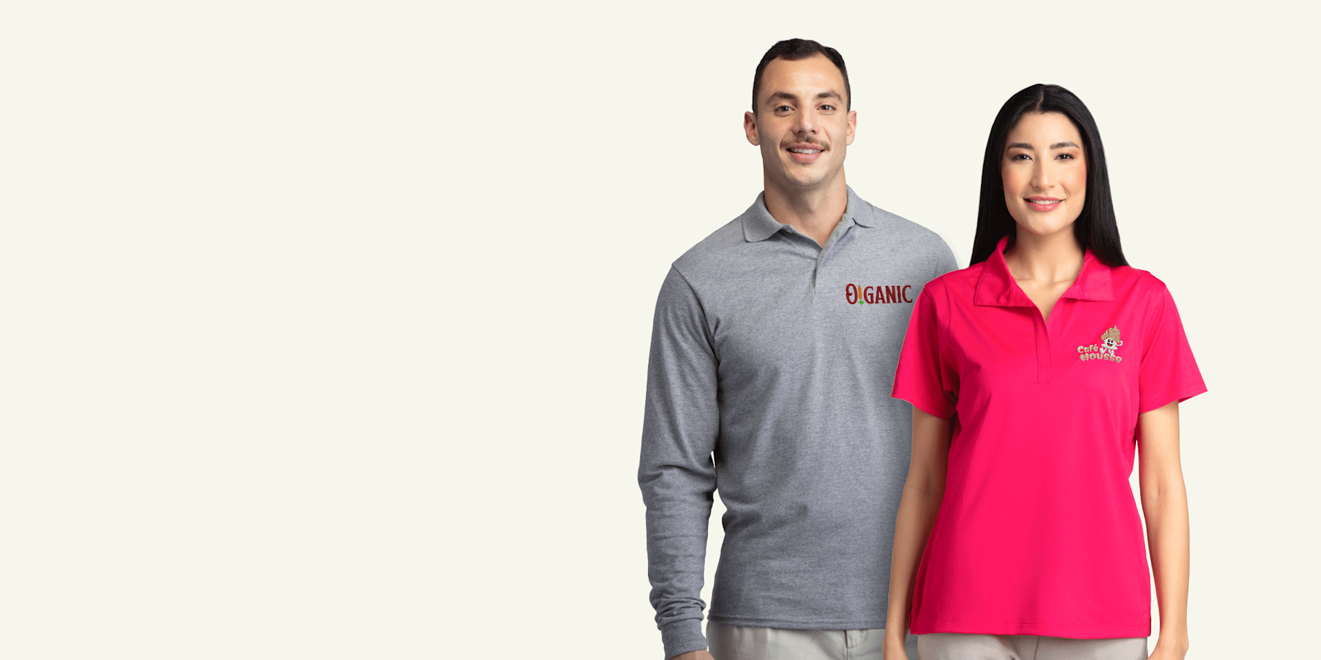 Two people wearing custom polo shirts promoting their businesses.