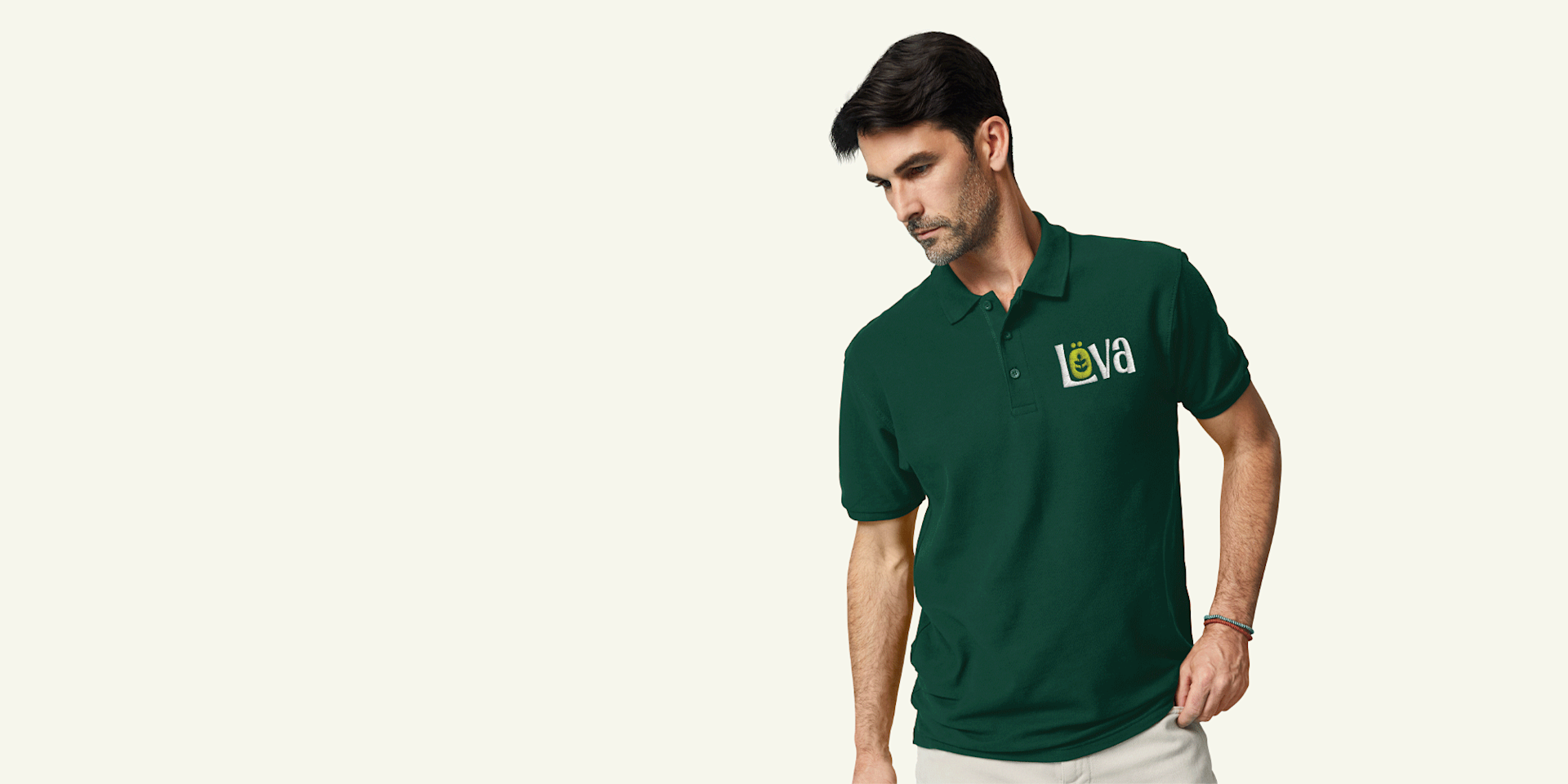 A person wearing a custom JERZEES polo shirt.