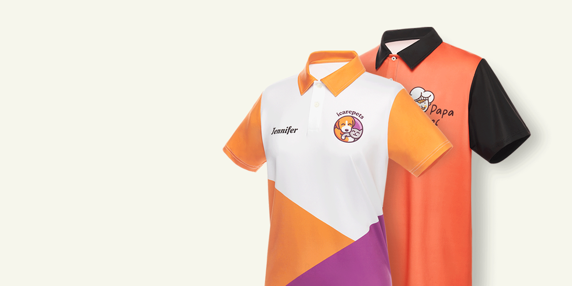 Two full custom polo shirts featuring different businesses.