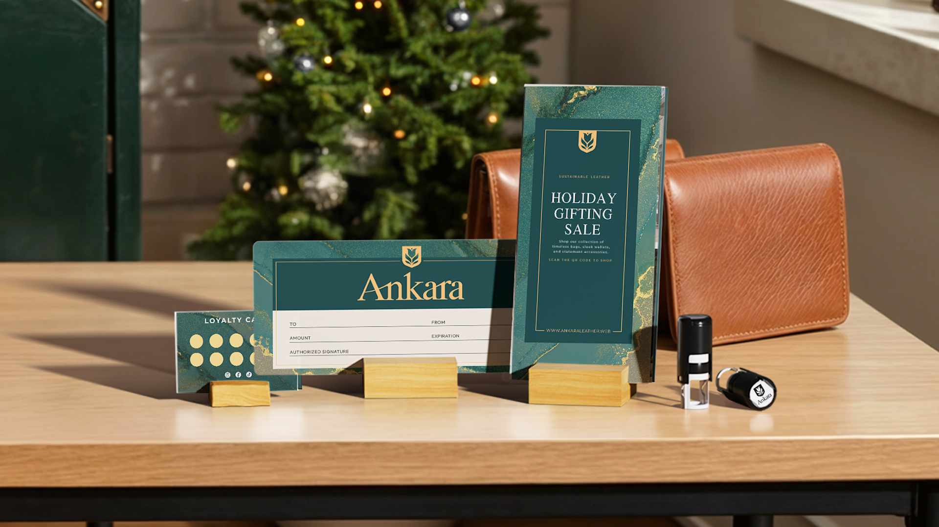 A holiday-themed loyalty card, check, pamphlet and stamp from a fashion company neatly arranged on a desk.