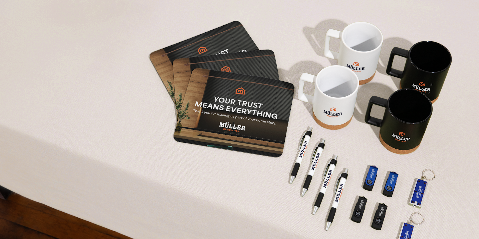 Branded promotional products including mouse pads, coffee mugs, pens and USB drives, all featuring Müller company branding.