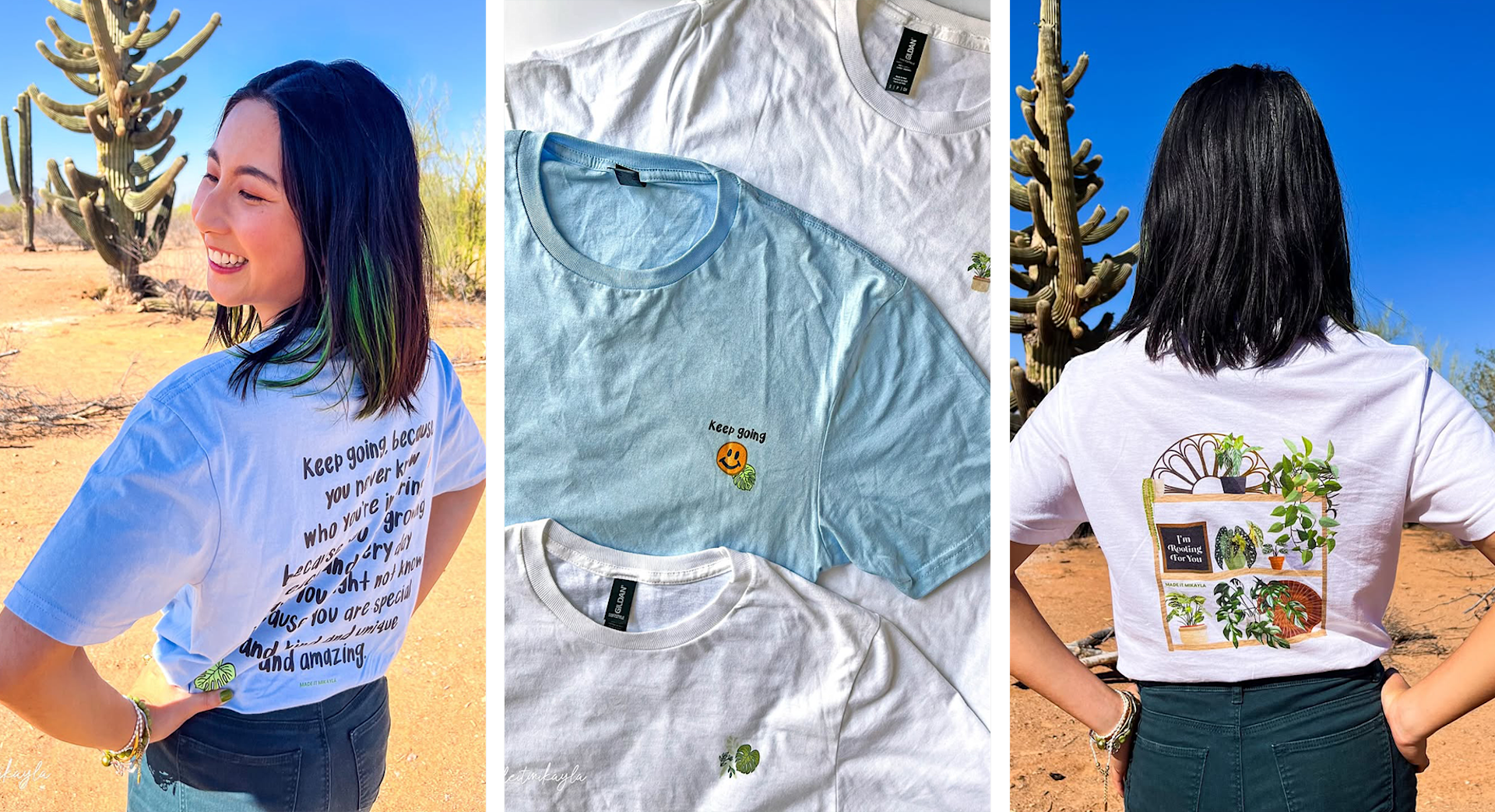 Una reseña de cinco estrellas de un cliente sobre una camiseta que dice: «Esta camiseta es suave y cómoda para lucirla todo el día. La impresión de mis diseños está muy bien hecha».