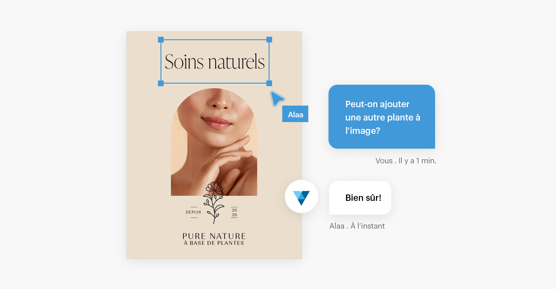 Utilisateur du site web en train de communiquer par clavardage avec le service d’assistance en ligne pour créer ses dépliants. 