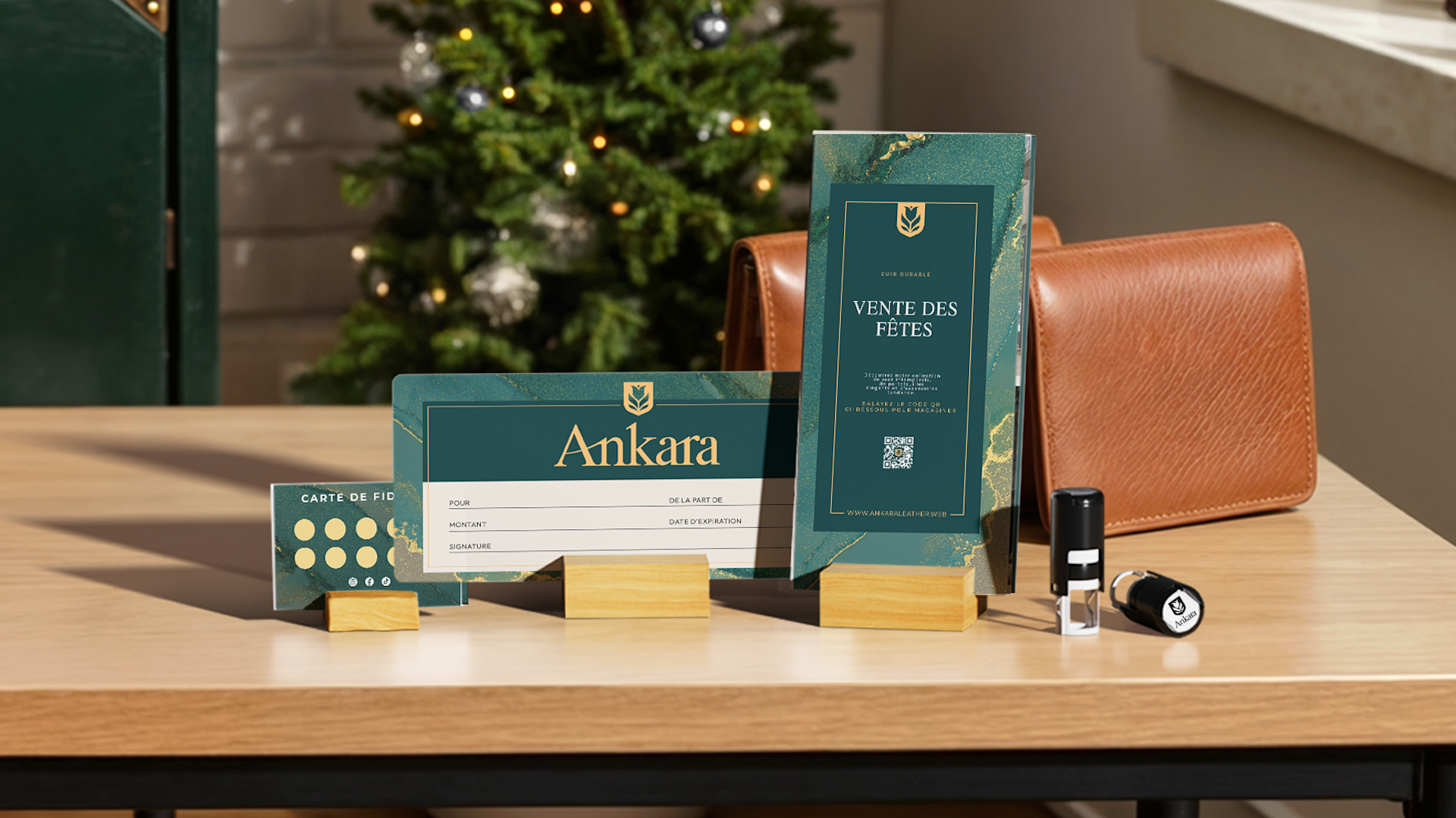 Une carte de fidélité, un chèque, une brochure et un tampon encreur sur le thème des fêtes, créés pour une maison de mode, soigneusement disposés sur un bureau.