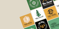 A series of different logo designs for the brand “The Local, Brewery & Pizzeria”, arranged in a collage. 