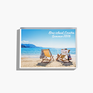 Acrylic photo block displaying a sunny beach scene, with text that reads: "Brac island, Croatia Summer 2026." 