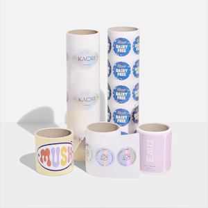 A single-column roll of gold plastic oval labels from a flower company.