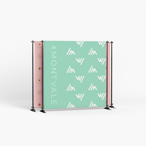 A step & repeat banner featuring an abstract green and white design.