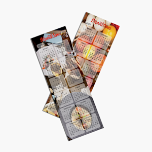 Two 2026 calendar bookmarks with food-themed designs for a pizza restaurant, overlapping slightly.