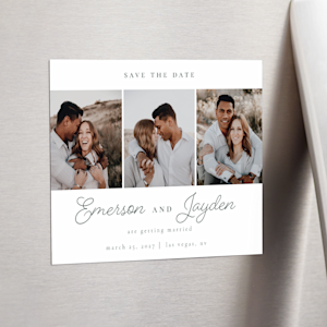 A magnetic save the date featuring 3 engagement photos. 