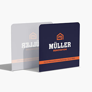  A navy blue tension fabric display promoting a home renovation company.