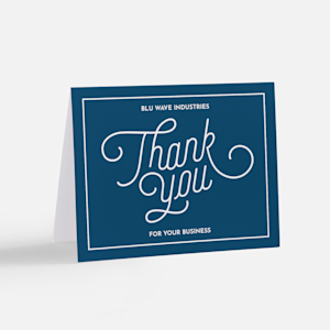A blue-colored thank you card personalized for a business called Blu Wave Industries. 