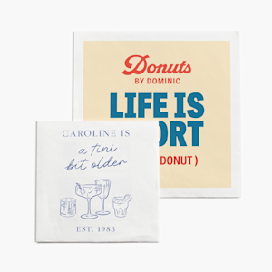 Two napkins, one personalized for a donut business and the other for a birthday. 