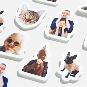A stack of square personalised stickers promoting a yoga studio