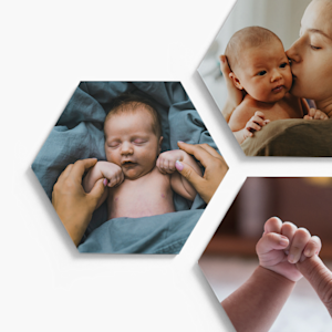 A set of three hexagon picture tiles showcasing different baby pictures.