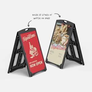 Two water-fillable A-frames promoting a pastry shop, side by side. Each can hold up to 10 litres of water or sand.