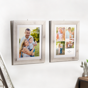 Two rustic-styled framed prints hung on a wall, both featuring family photos.