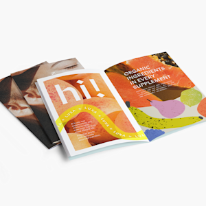 An opened self cover booklet, introducing an organic food business. 