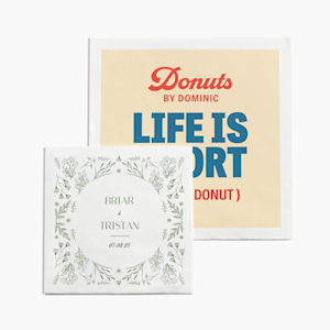 Two napkins, one personalized for a wedding day, and the other personalized for a 40th wedding anniversary.